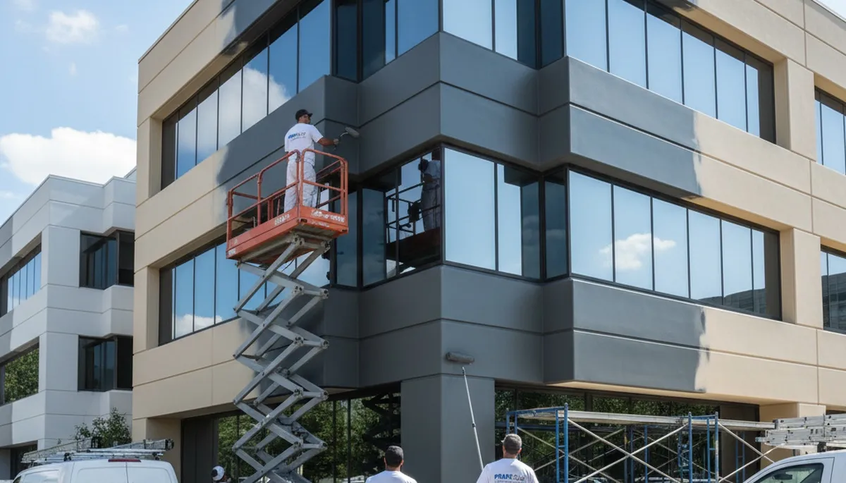 Professional commercial painters working on an office building exterior in Boston, MA