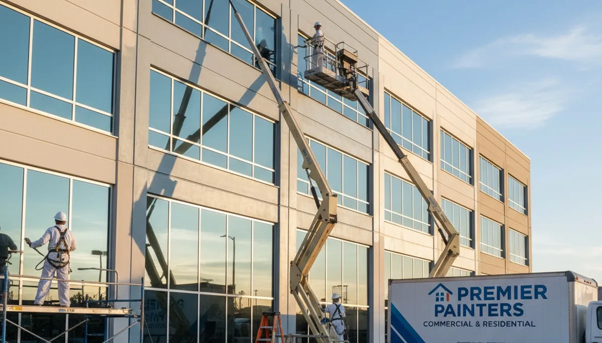 Professional commercial painters refinishing office building exterior in Boston, MA