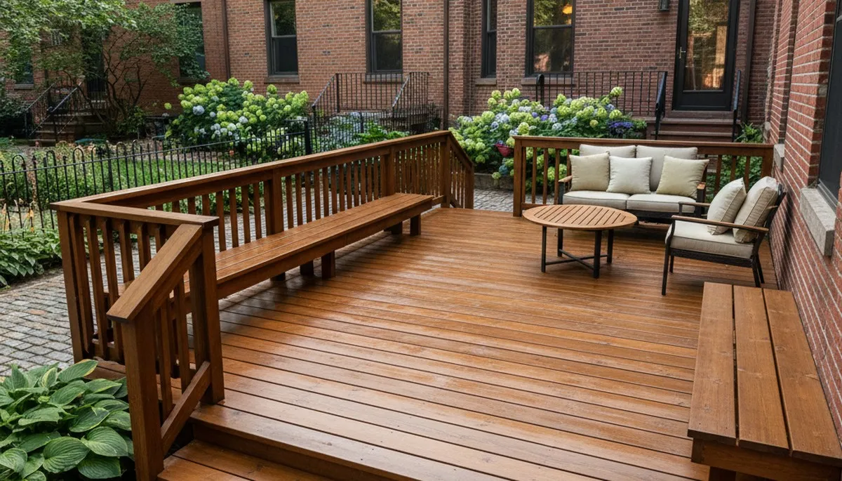 Finished deck staining by Boston painters showcasing restored wood and weather-resistant finish