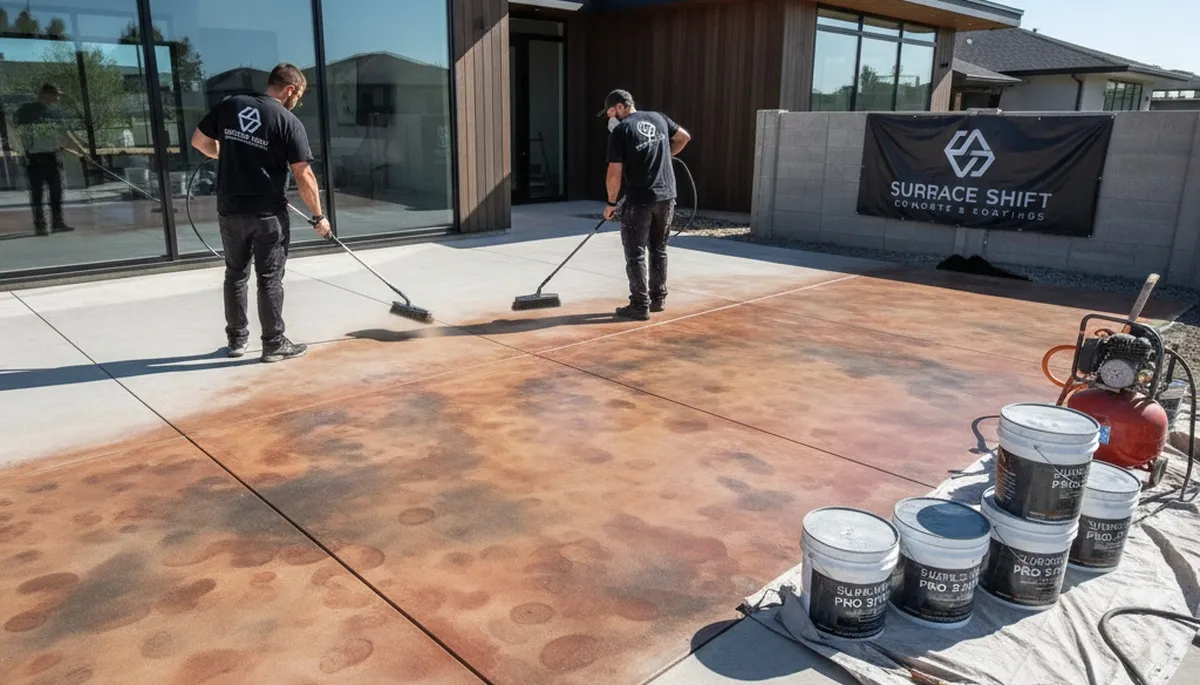 Professional concrete staining on residential patio in Boston, MA by local house painting experts