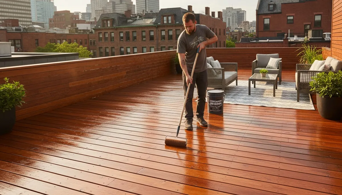 Professional painter applying deck stain to wood surface in Boston, MA for UV and moisture protection