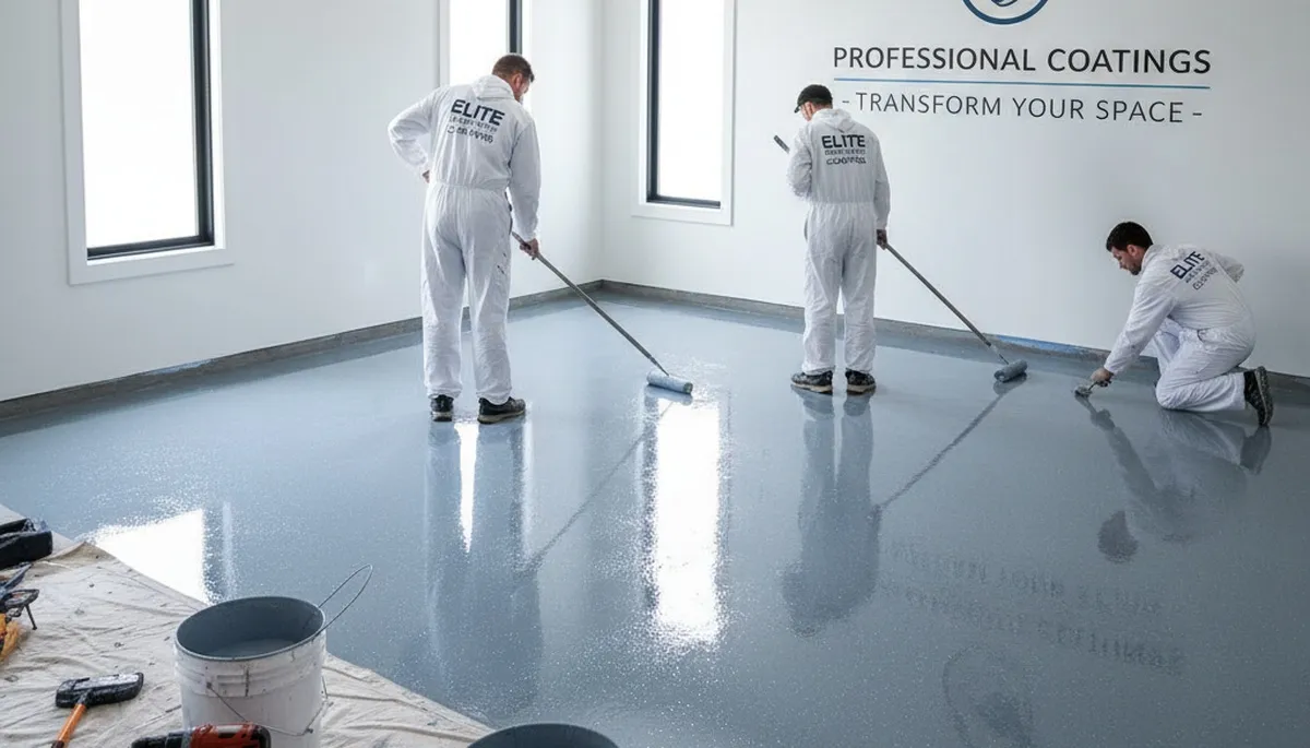 Epoxy floor coating in Boston MA garage by professional house painters for durable, glossy finish