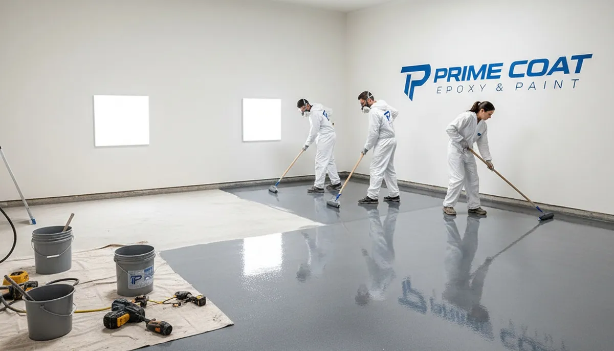 Professional epoxy floor coating in a Boston MA garage by local house painting experts