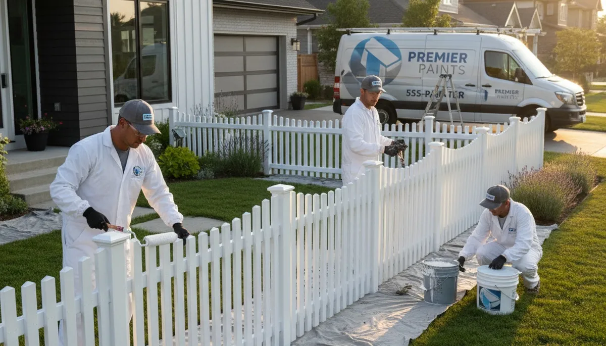 Professional fence painters applying weatherproof coating in Boston, MA backyard
