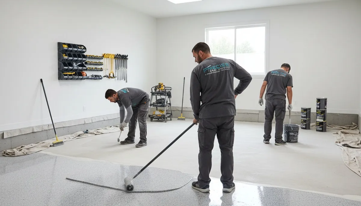 Professional epoxy garage floor coating by house painters in Boston, MA for durable protection