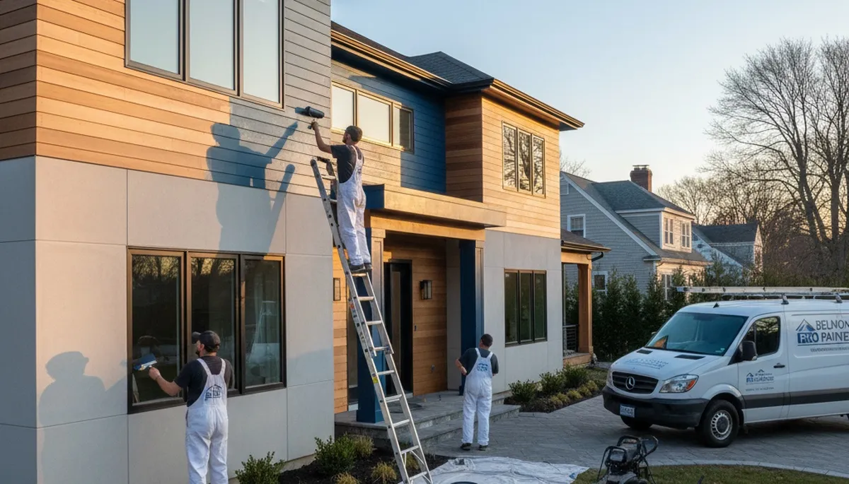 Professional house painters working on exterior home in Boston, MA