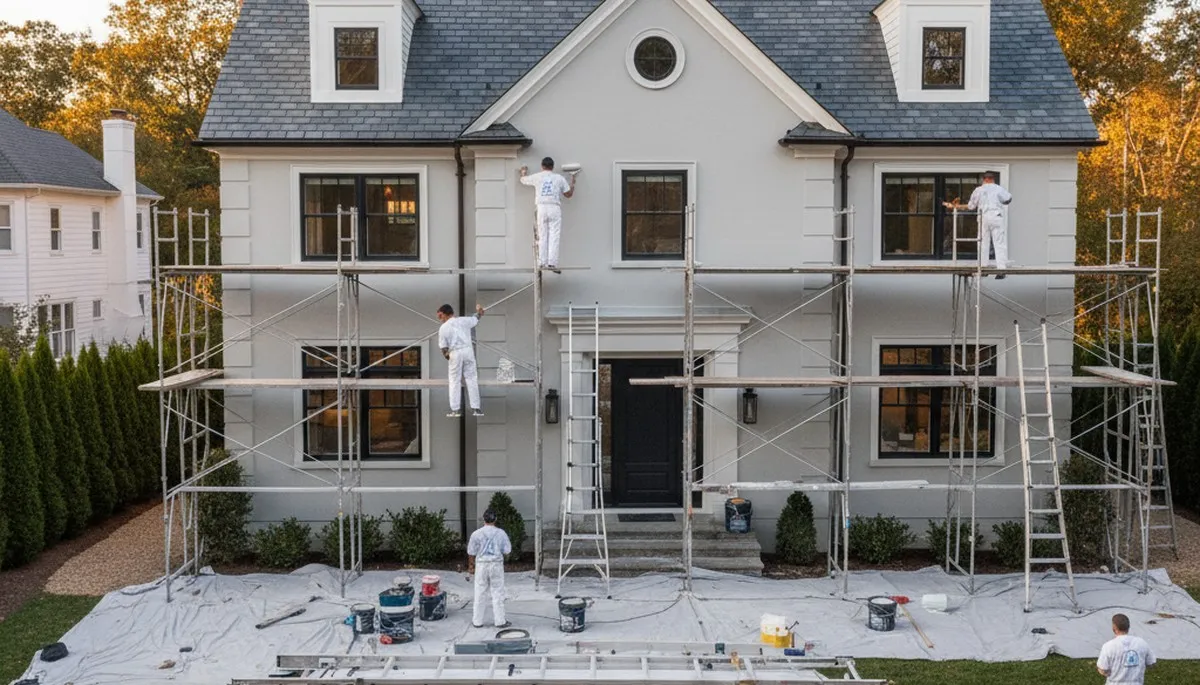 Professional house painters working on exterior home repaint in Boston MA
