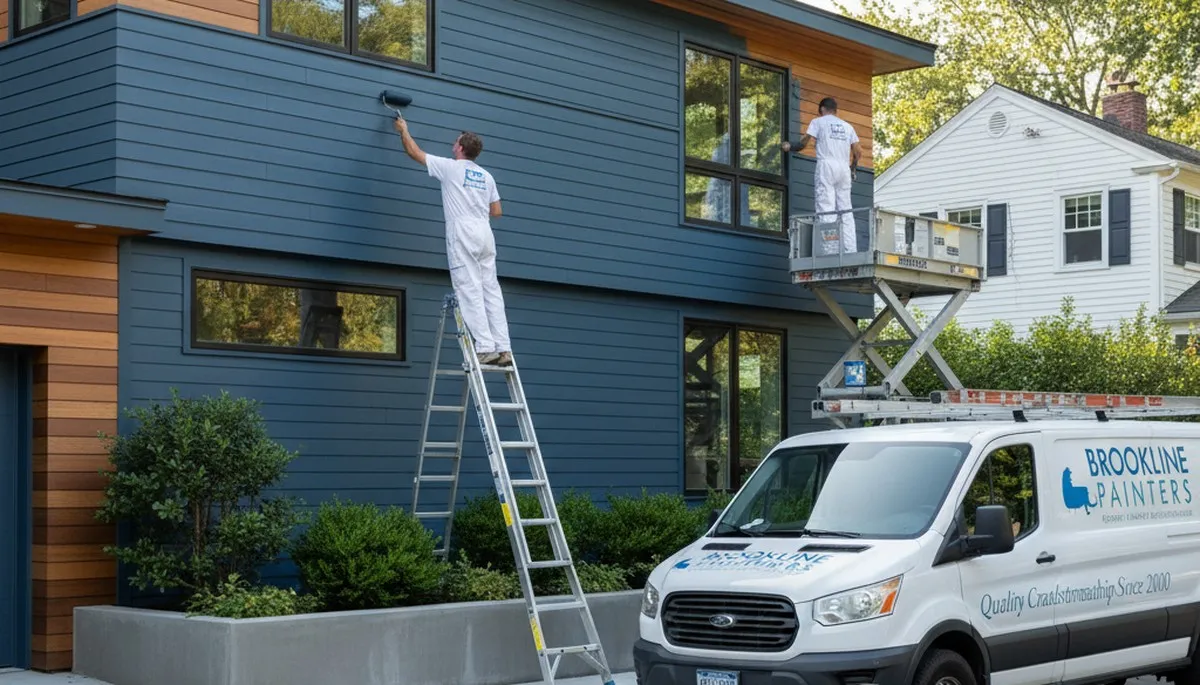 Professional house painters in Boston MA applying exterior paint to a residential home