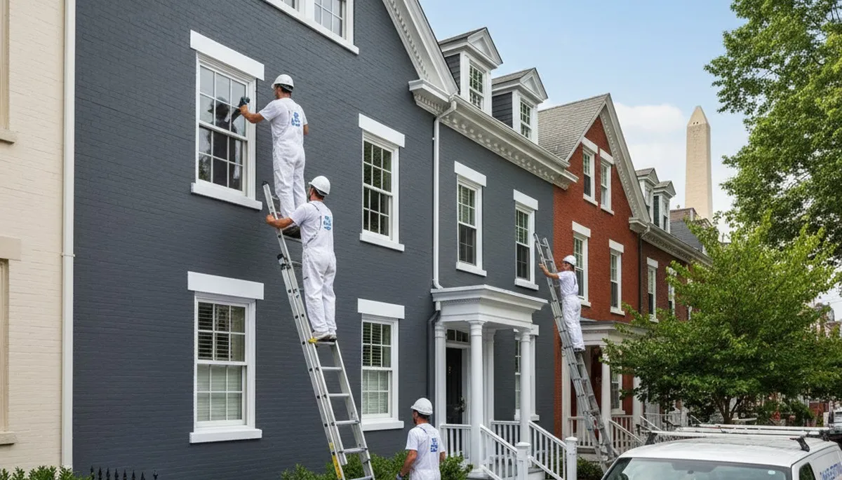 Professional house painters working on exterior home in Boston MA