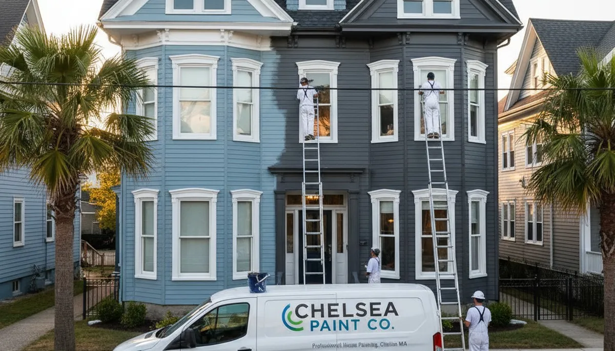 Boston MA house painters painting a home exterior for professional residential painting services
