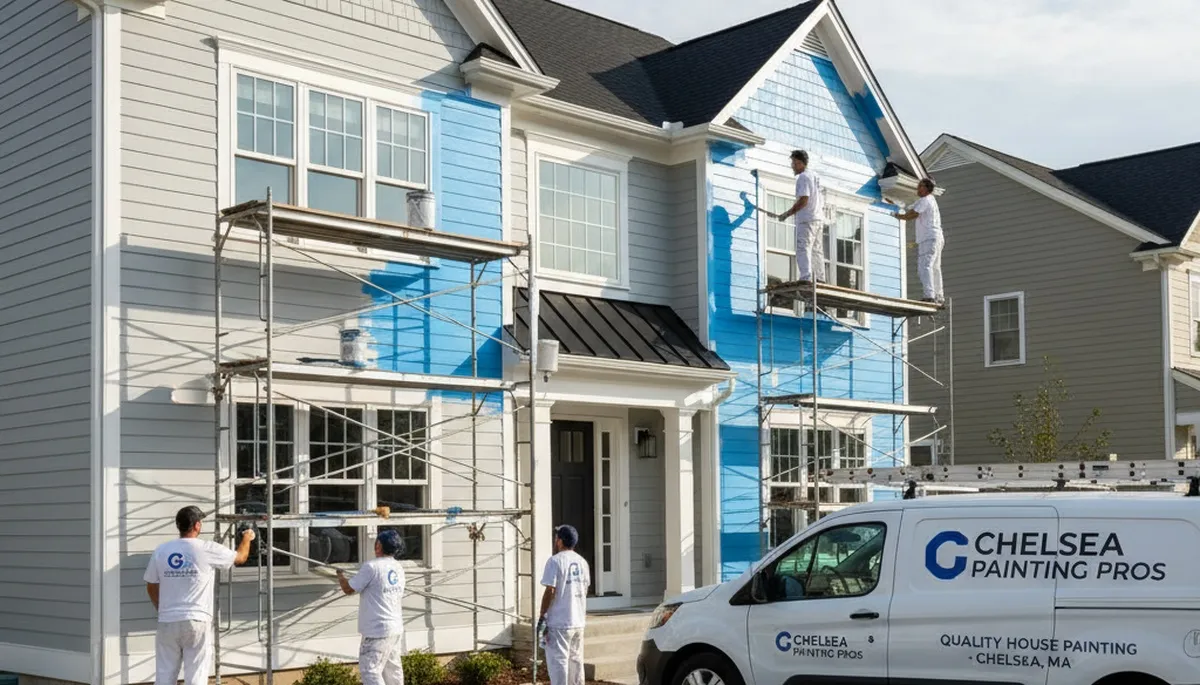 Professional house painters in Boston, MA painting a home exterior with brushes and ladders