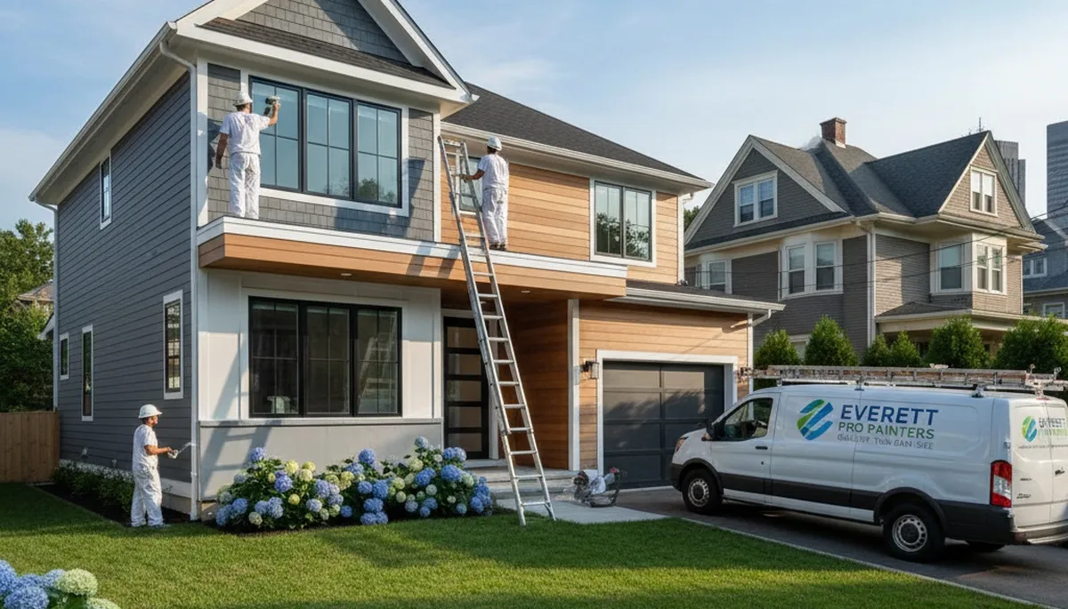 Professional house painters working on residential home exterior in Boston, MA