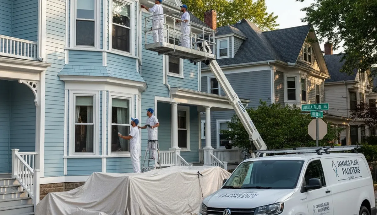 Professional house painters working on residential exterior in Boston MA