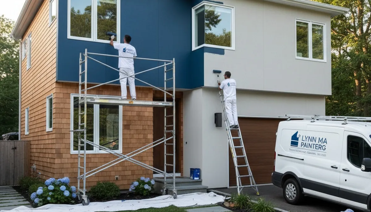 Professional house painters working on residential exterior in Boston MA