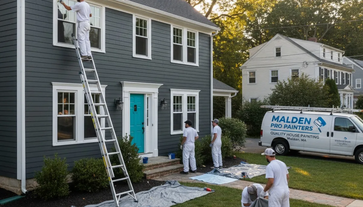 Professional house painters working on exterior home repaint project in Boston MA