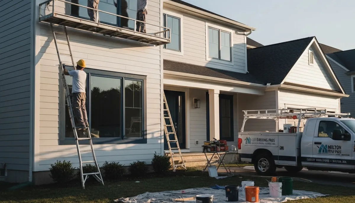 Professional house painters working on exterior home repaint in Boston MA