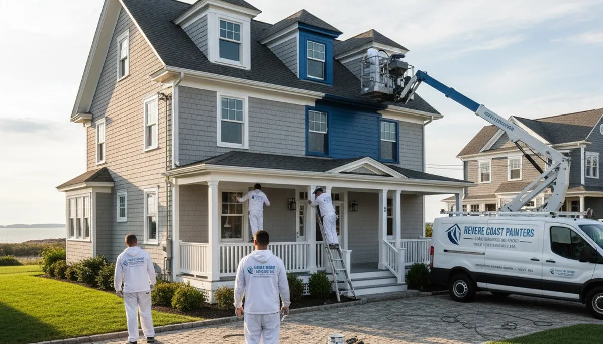 Boston, MA house painters painting a home exterior with professional residential painting equipment