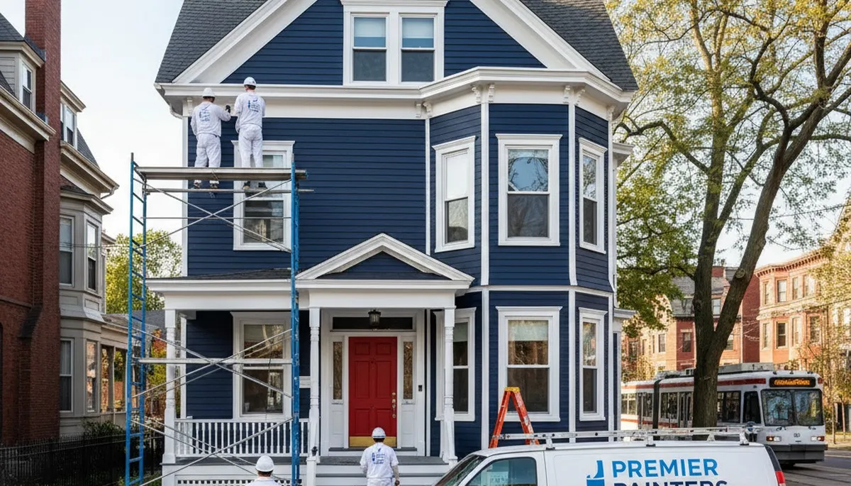 Professional house painters working on exterior home repaint in Boston MA