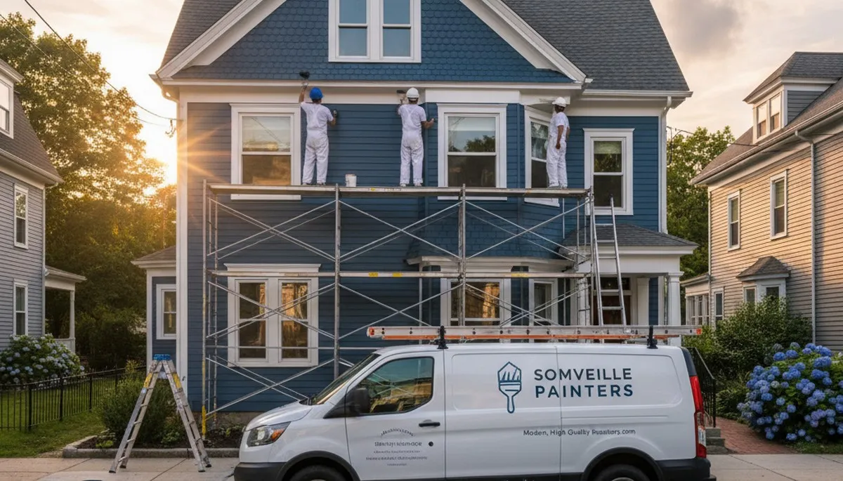 Professional house painters working on residential exterior in Boston, MA