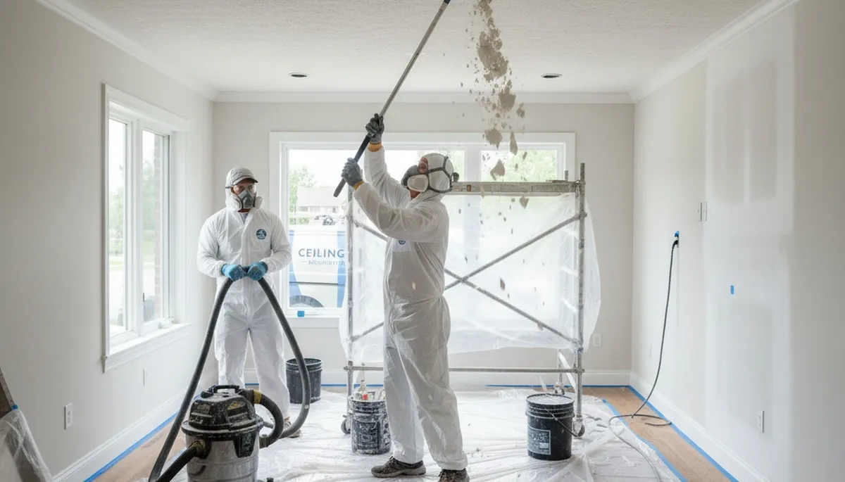 Painter removing popcorn ceiling and refinishing smooth surface in Boston MA home interior