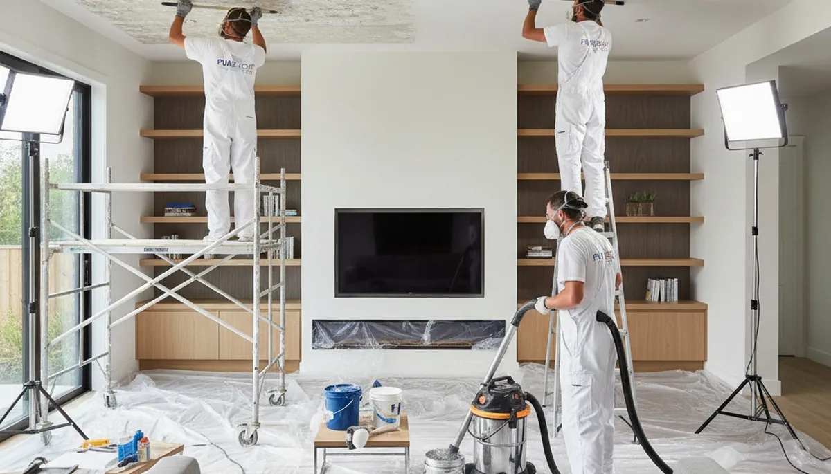Professional popcorn ceiling removal and refinishing in Boston, MA home interior by expert painters