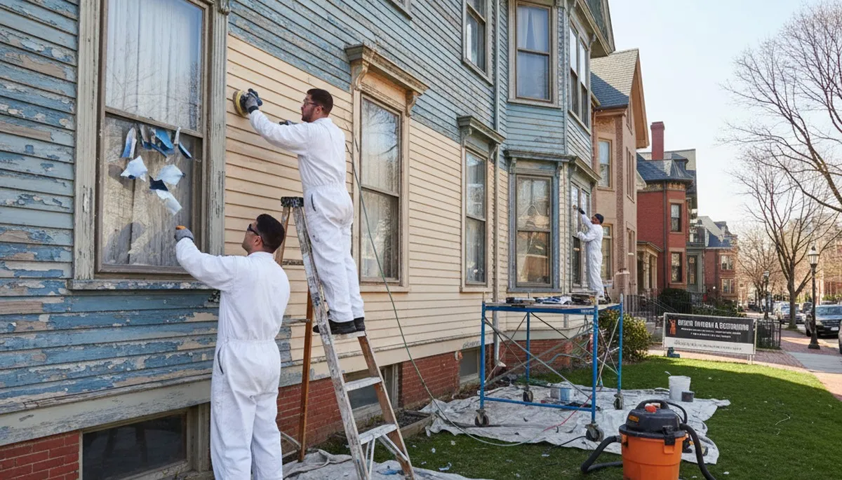 Professional painters prepping exterior surface for repainting in Boston, MA for lasting weather protection